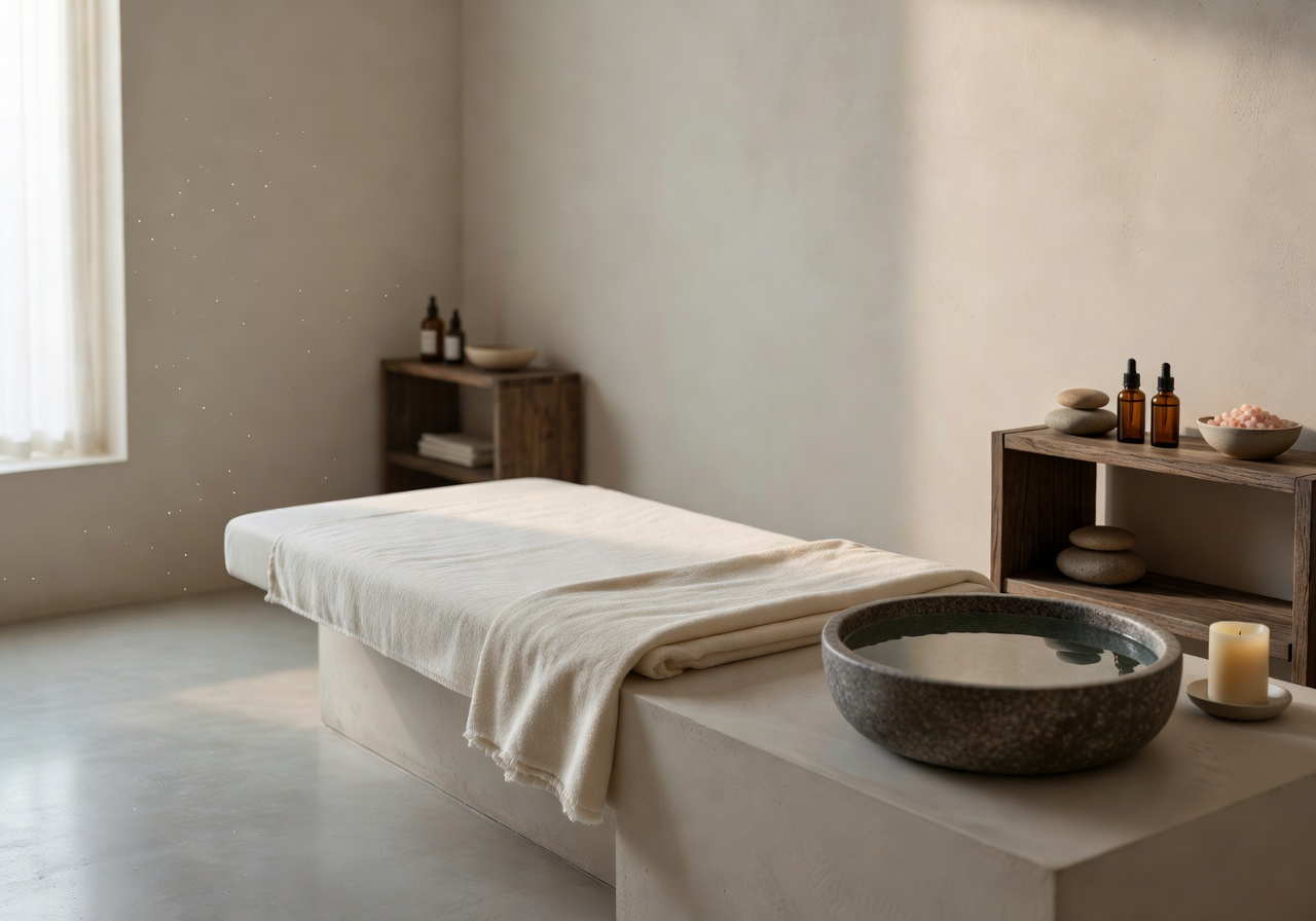 Calming spa setting with towels and essential oils
